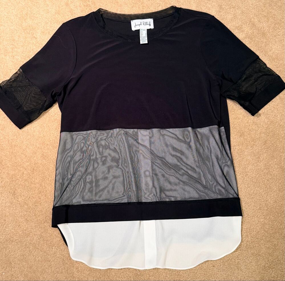 Joseph Ribkoff Women's Top Black Mesh Short Sleeve Layered Hem Size US 4